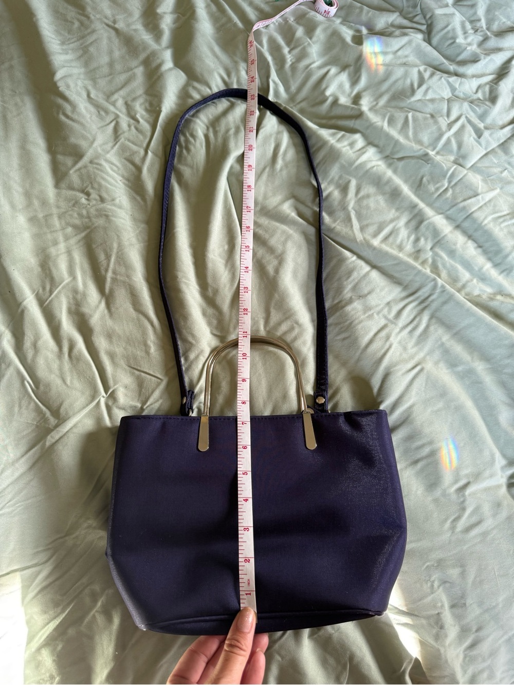 Structured Navy Shoulder Bag with Silver Tone Handles - Picture 4 of 9
